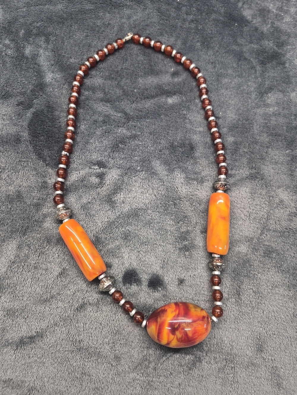Chunky Beaded vintage bohemian necklace Orange & Brown Tones Silver Tone